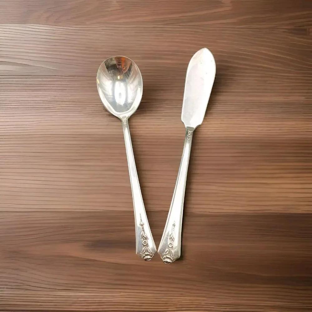 Set 2 Holmes and Edwards SPRING GARDEN Butter Knive And Sugar Spoon Flatware Vtg